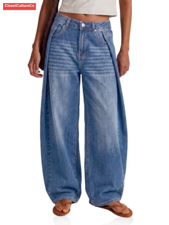 Denim - Womens High Waisted Pleated Wide Leg Baggy Denim Jeans